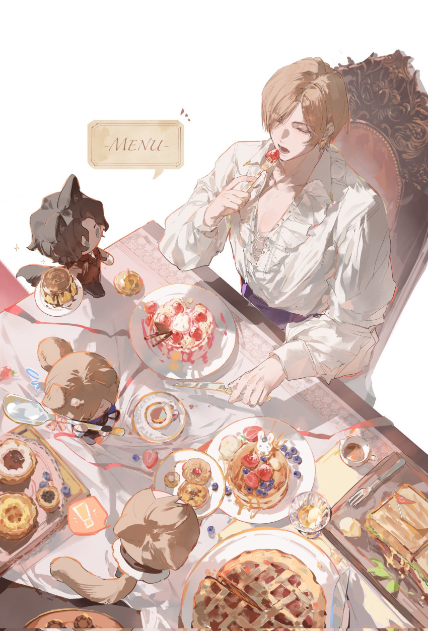 animal_ears, blonde_hair, brown_hair, cake, cat_boy, cat_ears, cat_tail, chair