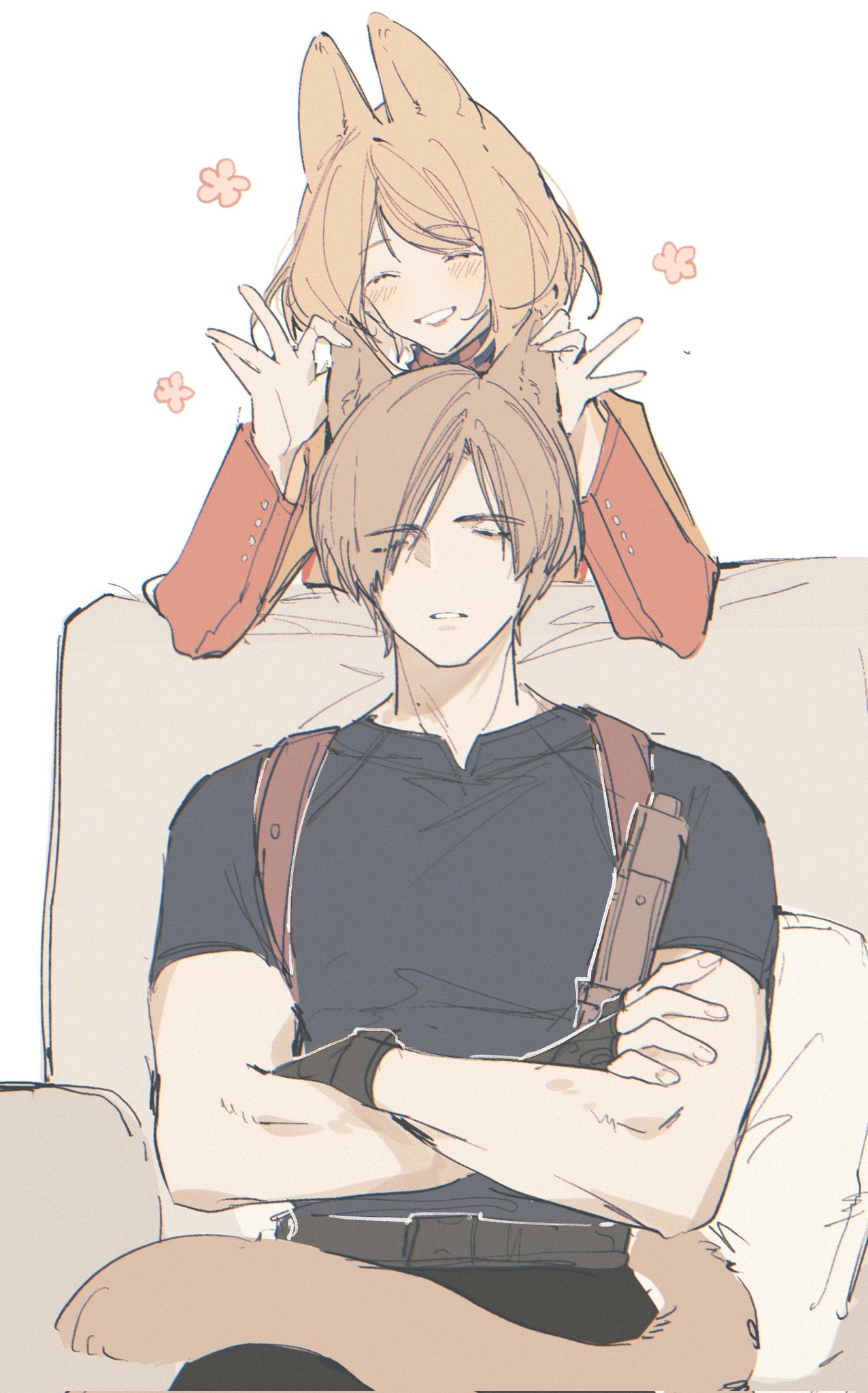 1boy, 1girl, animal_ears, ashley_graham, black_gloves, black_pants, black_shirt, blonde_hair, blush, cat_boy, cat_ears, cat_girl, cat_tail, closed_eyes, crossed_arms, fingerless_gloves, gloves, hands_on_another's_ears, highres, humidifier_xd, jacket, kemonomimi_mode, leon_s._kennedy, medium_hair, pants, parted_bangs, parted_lips, red_jacket, resident_evil, resident_evil_4, resident_evil_4_(remake), shirt, short_hair, short_sleeves, sitting, sleeping, smile, tail, upper_body, white_background