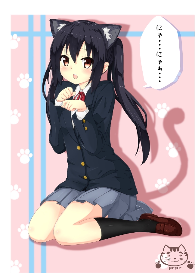 1girl, animal_ears, bad_id, black_hair, blush, brown_eyes, cat_ears, cat_pose