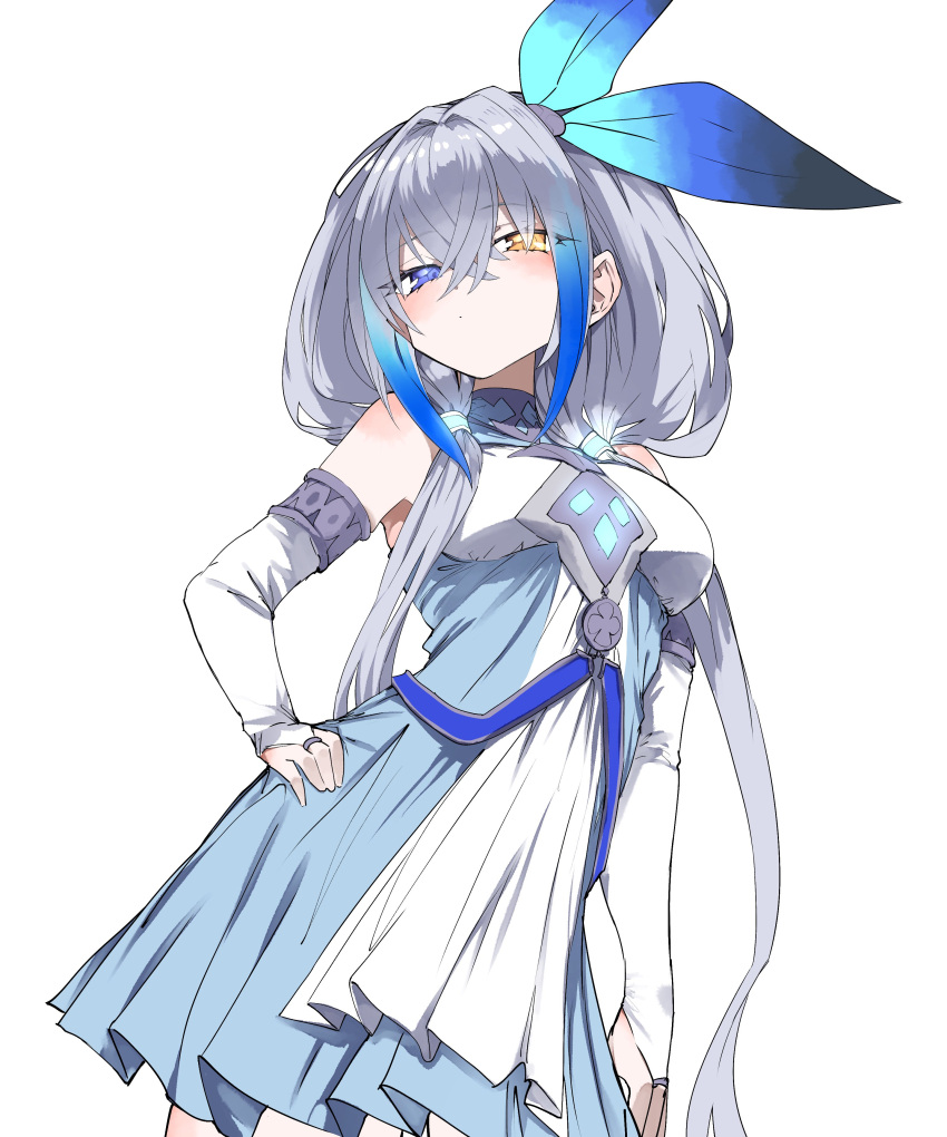 1girl, absurdres, bare_shoulders, blue_dress, blue_eyes, blue_hair, blue_ribbon, bridal_gauntlets