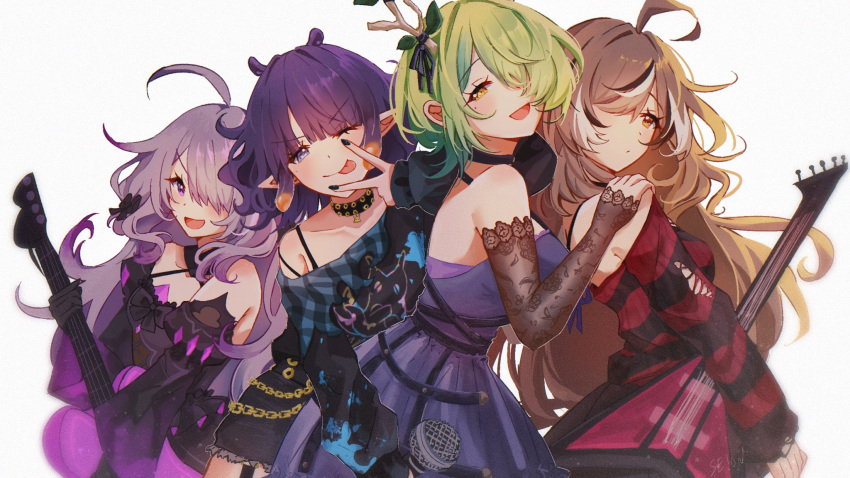 4girls, ahoge, black_choker, black_dress, black_gloves, black_streaks, black_sweater, blue_shirt, brown_eyes, brown_hair, ceres_fauna, ceres_fauna_(goth), chest_jewel, choker, dress, elbow_gloves, gloves, green_hair, grey_hair, guitar, hair_over_one_eye, highres, holding, holding_guitar, holding_instrument, hololive, hololive_english, instrument, koseki_bijou, koseki_bijou_(gore_magala), long_hair, looking_at_viewer, multiple_girls, nanashi_mumei, nanashi_mumei_(emo), ninomae_ina'nis, ninomae_ina'nis_(nu_udra), official_alternate_costume, official_alternate_hairstyle, pointy_ears, purple_dress, red_sweater, se10on, shirt, short_hair, smile, striped_clothes, striped_sweater, sweater, tongue, tongue_out, torn_clothes, torn_sweater, v, v_over_mouth, very_long_hair, violet_eyes, virtual_youtuber, white_streaks, yellow_eyes