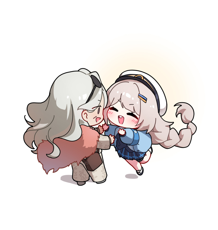 2girls, ^_^, absurdres, armband, arms_up, bag, blue_armband, blue_jacket