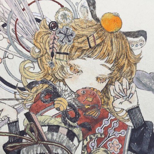 1girl, acrylic_paint_(medium), animal_ears, black_sleeves, blonde_hair, blush, commentary, curly_hair