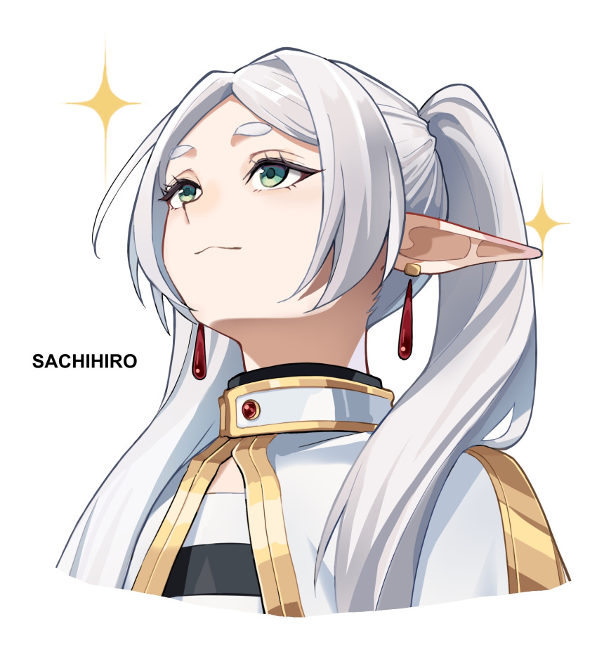 1girl, capelet, closed_mouth, earrings, elf, frieren, green_eyes, highres