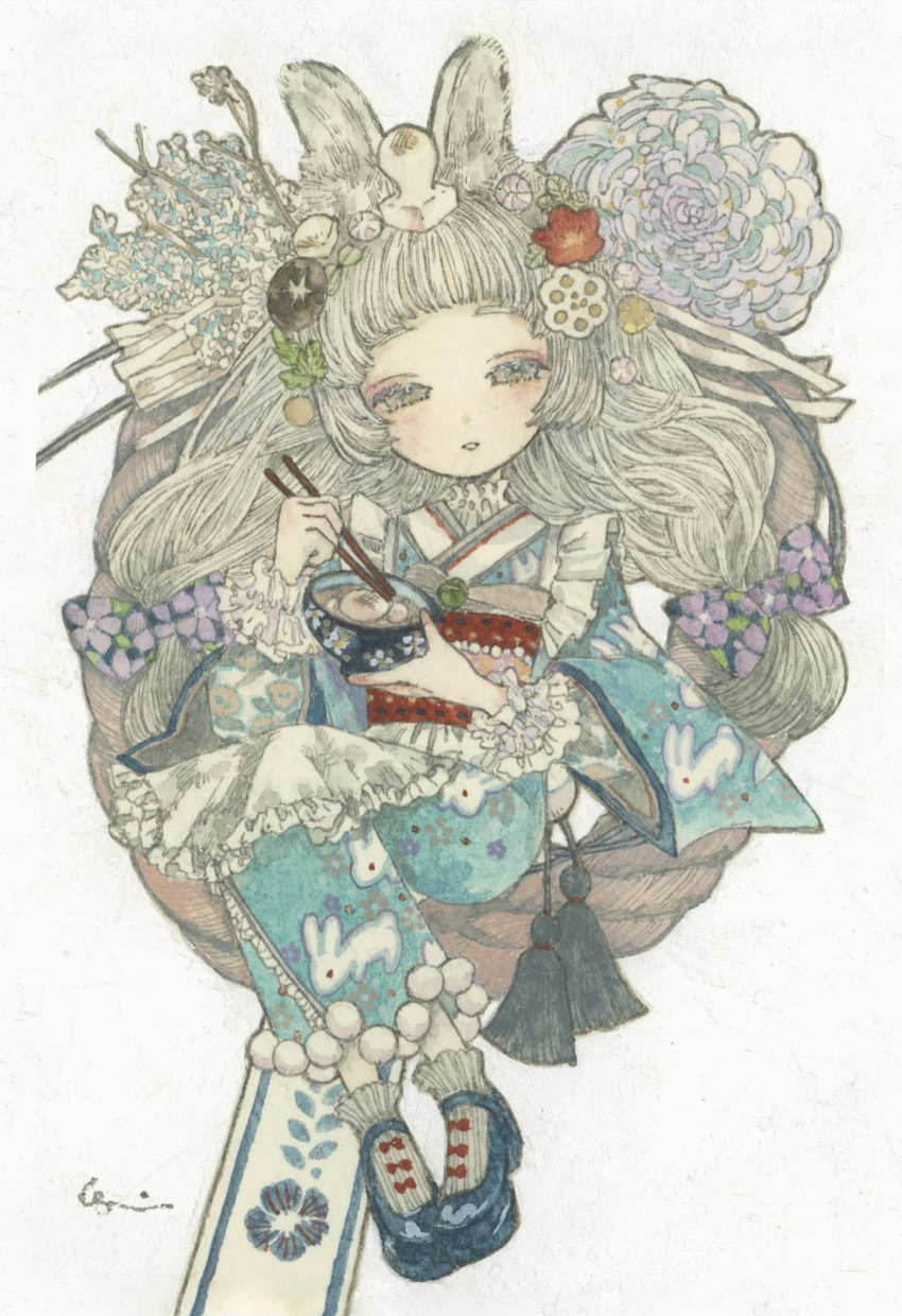 1girl, acrylic_paint_(medium), animal_ears, animal_print, blunt_bangs, blush, bowl, brown_eyes