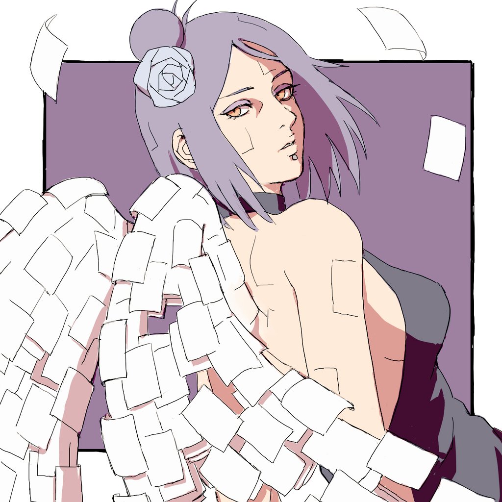 1girl, bare_shoulders, border, breasts, eyeshadow, face_piercing, falling_paper, hair_bun