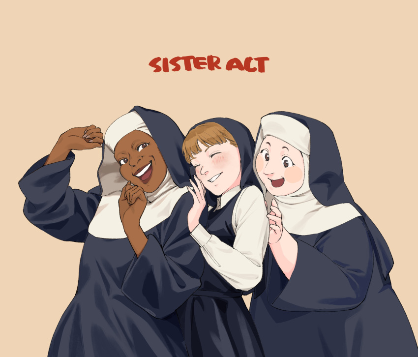 3girls, absurdres, black_dress, blunt_bangs, blush, brown_eyes, brown_hair, brown_lips