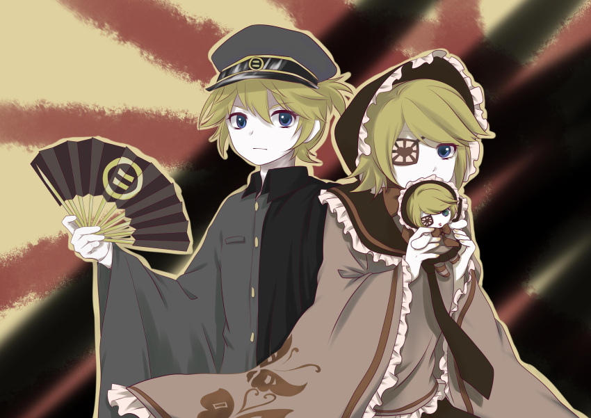 1boy, 1girl, absurdres, blonde_hair, blue_eyes, bonnet, closed_mouth, doll, expressionless, eyepatch, folding_fan, frilled_bonnet, frills, furisode_sleeves, hand_fan, hat, highres, holding, holding_doll, kagamine_len, kagamine_len_(ni_no_sakura_senbu), kagamine_rin, kagamine_rin_(ni_no_sakura_kouchou), peaked_cap, rising_sun_flag, senbonzakura_(vocaloid), sunburst, varinr, vocaloid