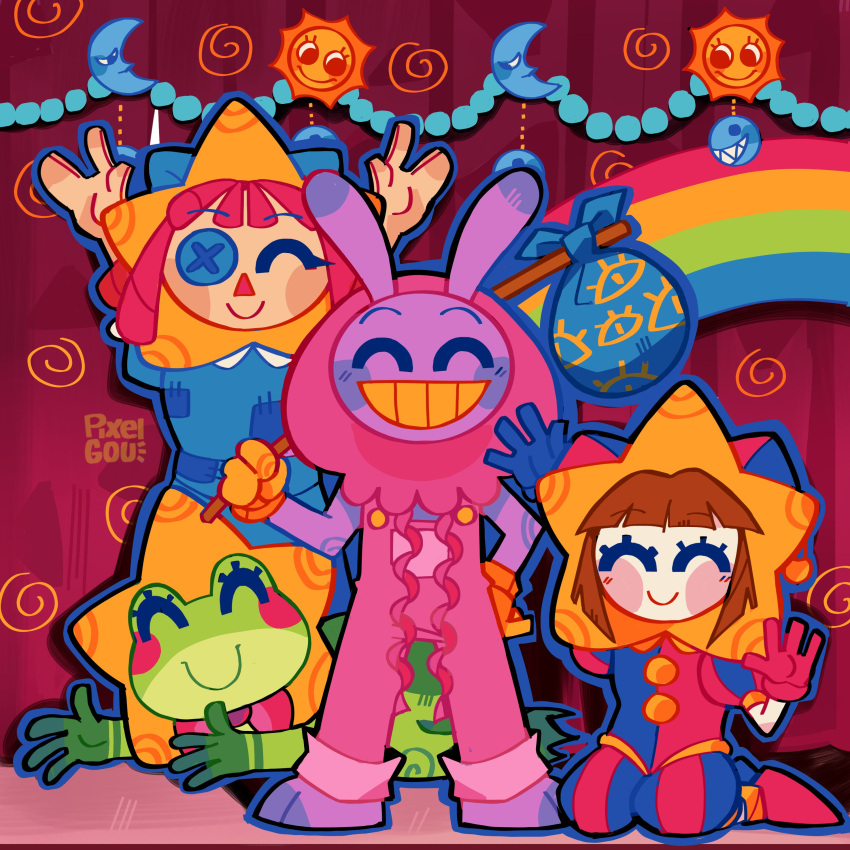 1boy, 1other, 2girls, absurdres, album_cover_redraw, alien_stage, animal_ears, artist_name, bindle, blue_dress, brown_hair, closed_eyes, colored_skin, colored_teeth, derivative_work, dress, furry, furry_male, grin, highres, jax_(the_amazing_digital_circus), jellyfish_costume, multiple_girls, pixelgou3, pomni_(the_amazing_digital_circus), rabbit_boy, rabbit_ears, ragatha_(the_amazing_digital_circus), rainbow, ribbit_(the_amazing_digital_circus), sitting, smile, star_(symbol), star_costume, sun, the_amazing_digital_circus, white_skin, yellow_teeth