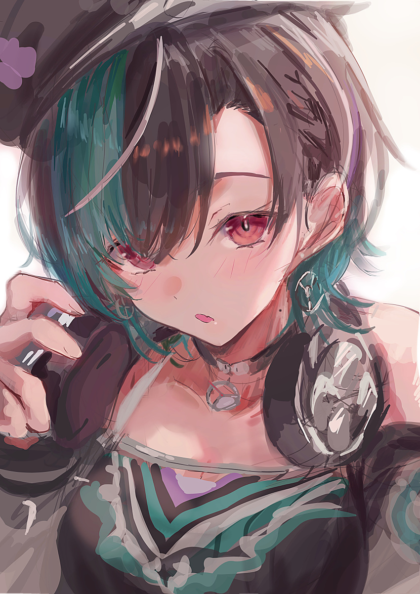 1girl, absurdres, aqua_hair, beret, black_dress, black_hair, black_hat, dress