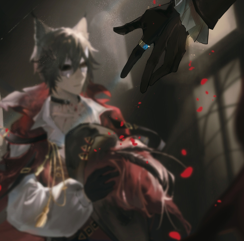1boy, 1other, absurdres, animal_ears, arched_window, arknights, black_gloves, black_hat