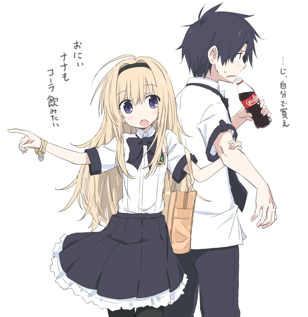 1boy, 1girl, annoyed, bag, bangle, black_bow, black_bowtie, black_hair, black_hairband, black_pants, black_pantyhose, black_skirt, blonde_hair, blush, bottle, bow, bowtie, bracelet, brother_and_sister, chaos;head, chaos;head_love_chu_chu!, coca-cola, collared_shirt, commentary_request, drinking, hairband, holding, holding_bottle, jewelry, kowacha_(escape_jobs), nishijou_nanami, nishijou_takumi, open_mouth, pants, pantyhose, pointing, pulling_arm, school_bag, school_uniform, science_adventure, shirt, short_hair, short_sleeves, shoulder_bag, siblings, simple_background, skirt, small_sweatdrop, soda_bottle, suimei_academy_school_uniform, translation_request, v-shaped_eyebrows, violet_eyes, white_shirt
