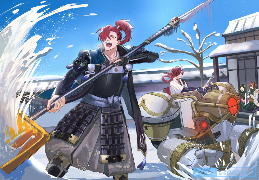 2boys, 2girls, absurdres, ahoge, architecture, armor, black_hair, blue_sky
