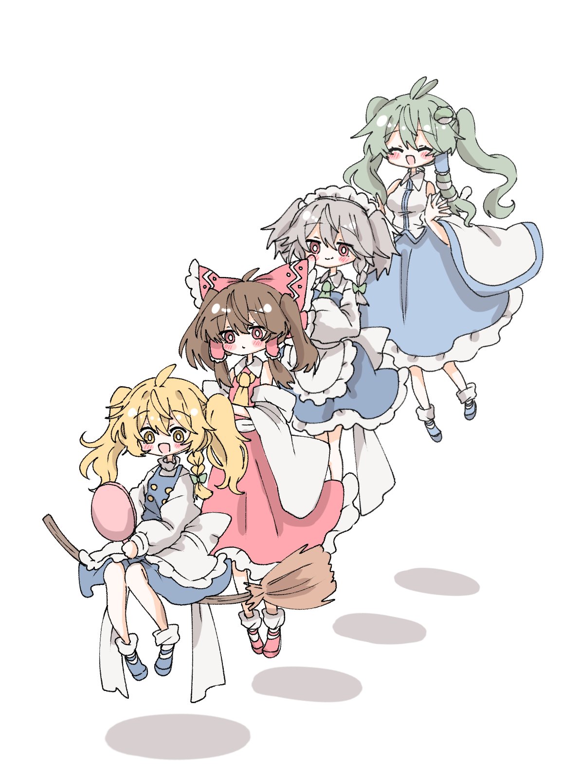 4girls, bare_legs, bare_shoulders, broom, broom_riding, closed_eyes, closed_mouth, from_behind