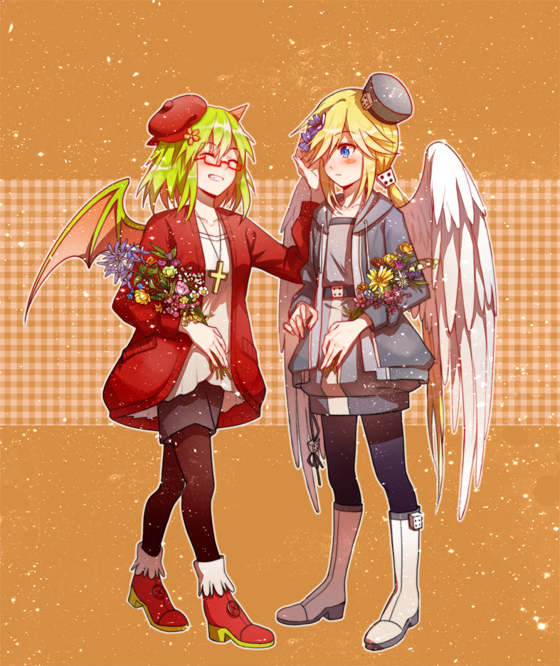 2girls, angel, blonde_hair, blush, commentary, demon_girl, froze_(funamusea), funamusea