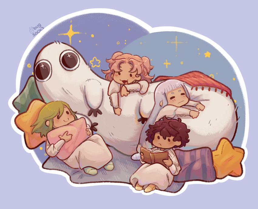 4girls, agott_(tongari_boushi_no_atelier), black_hair, blonde_hair, blue_hair, blush, book, brushbuddy, bug_socks, closed_eyes, coco_(tongari_boushi_no_atelier), creature, highres, holding, holding_pillow, long_hair, multiple_girls, open_mouth, pillow, pink_hair, reading, richeh_(tongari_boushi_no_atelier), short_hair, sleepwear, smile, tetia_(tongari_boushi_no_atelier), tongari_boushi_no_atelier