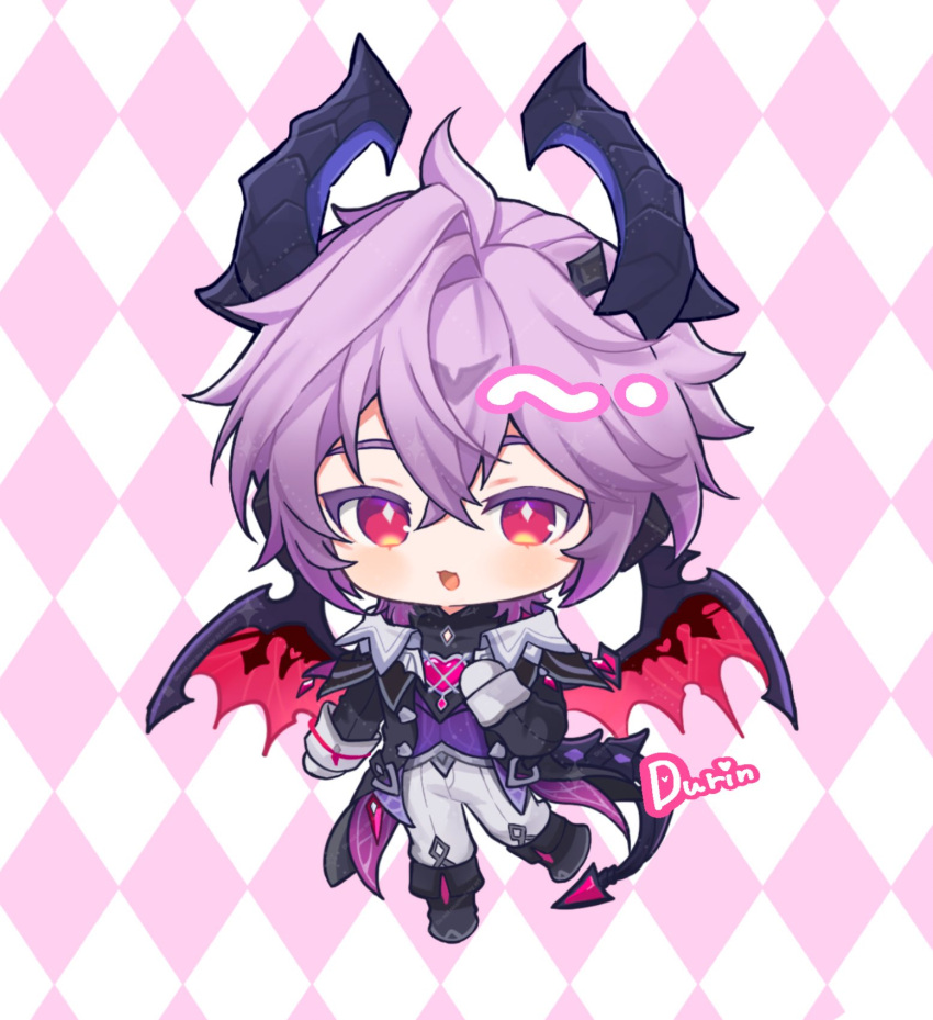 1boy, :d, argyle_background, black_boots, black_horns, black_jacket, blush, boots, character_name, chibi, chibi_only, commentary_request, crossed_bangs, double-parted_bangs, dragon_horns, durin_(genshin_impact), ebinu2215, full_body, genshin_impact, hair_between_eyes, highres, horns, jacket, long_sleeves, looking_at_viewer, male_focus, open_clothes, open_jacket, open_mouth, pants, pink_background, purple_hair, purple_shirt, red_eyes, red_wings, shirt, short_hair, smile, solo, standing, standing_on_one_leg, two-tone_background, white_background, white_pants, wings