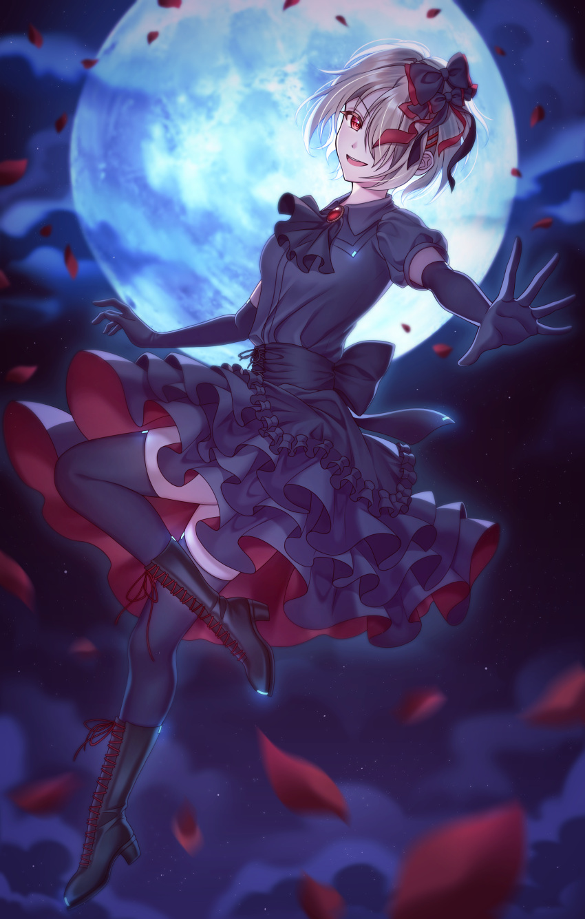 1girl, absurdres, aki_hanabira, ascot, black_bow, black_dress, black_gloves, black_thighhighs, blonde_hair, boots, bow, dress, elbow_gloves, frills, full_body, full_moon, gloves, grey_hair, hair_bow, hair_ornament, hair_over_one_eye, heaven_burns_red, high_heel_boots, high_heels, highres, kayamori_ruka, knee_boots, lace-up_boots, layered_dress, layered_skirt, looking_at_viewer, moon, night, night_sky, open_mouth, outstretched_arm, petals, red_eyes, ribbon, short_hair, short_sleeves, skirt, sky, smile, solo, star_(sky), starry_sky, thigh-highs, thighhighs_under_boots, zettai_ryouiki