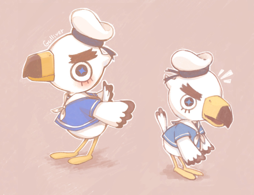 1boy, animal_crossing, bird_boy, blue_shirt, character_name, commentary_request, full_body, furry, furry_male, gulliver_(animal_crossing), hat, highres, multiple_girls, multiple_views, neckerchief, omu_(rinarina724), pink_background, sailor, shirt, white_hat, white_neckerchief