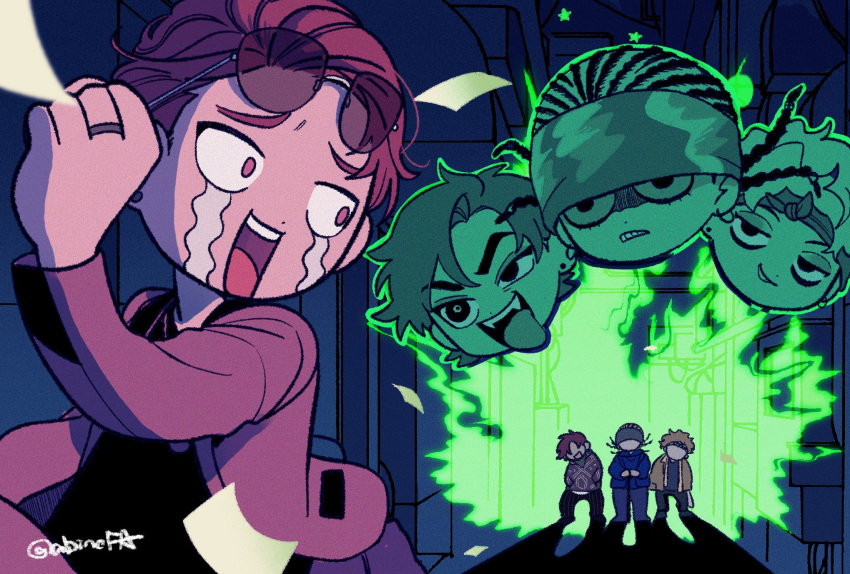 4boys, abinofa, alley, aura, bandana, bandana_around_neck, black_pants, black_shirt, blue_hoodie, brown_shirt, cane, commentary_request, contrast_lapels, cornrows, crying, crying_with_eyes_open, curtained_hair, deformed, doan_kazusato, earrings, eyewear_on_head, falling_paper, fangs, film_grain, fleeing, green_aura, green_outline, grin, hair_slicked_back, hand_up, hands_in_pockets, highres, holding, holding_cane, hood, hoodie, hoop_earrings, hypnosis_mic, hypnosis_mic:_rule_the_stage, jacket, jewelry, jitome, kokuri_ryozan, lapels, looking_at_another, looking_back, male_focus, medium_hair, menacing, mismatched_eyebrows, multiple_boys, necklace, nervous_smile, north_bastard, oogimachi_suguri, open_clothes, open_jacket, open_mouth, outdoors, outline, pants, pinstripe_pants, pinstripe_pattern, projected_inset, raised_inner_eyebrows, red_hair, ring, saragi_kenei, scared, scowl, shadow, shirt, short_hair, smile, smirk, standing, streaming_tears, stud_earrings, suit_jacket, sunglasses, tears, teeth, thick_eyebrows, tongue, tongue_out, twitter_username, uneven_eyes, upper_teeth_only, v-shaped_eyebrows, very_short_hair, wide-eyed, yellow_jacket