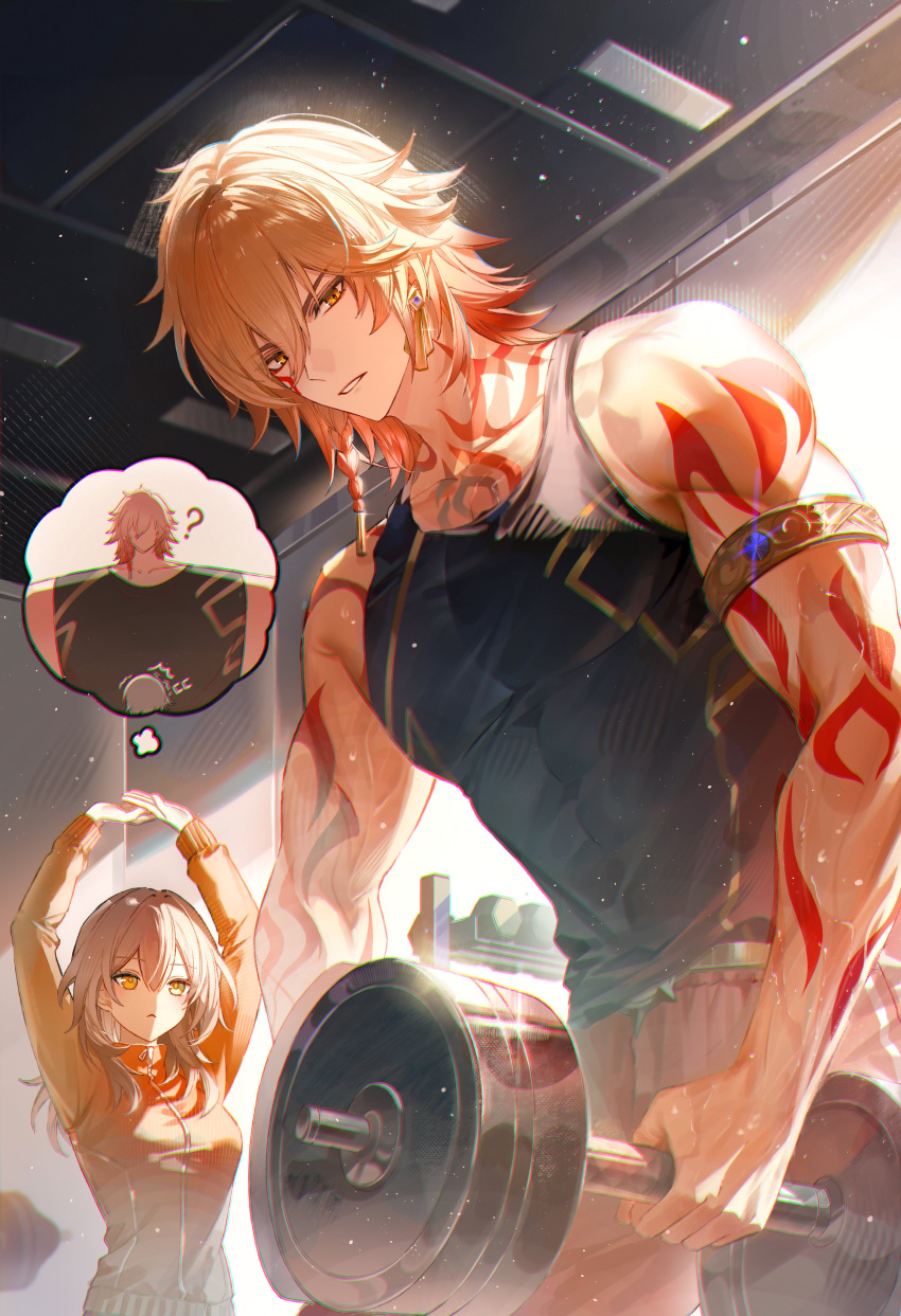 1boy, 1girl, absurdres, arm_tattoo, armlet, biceps, blonde_hair, braid