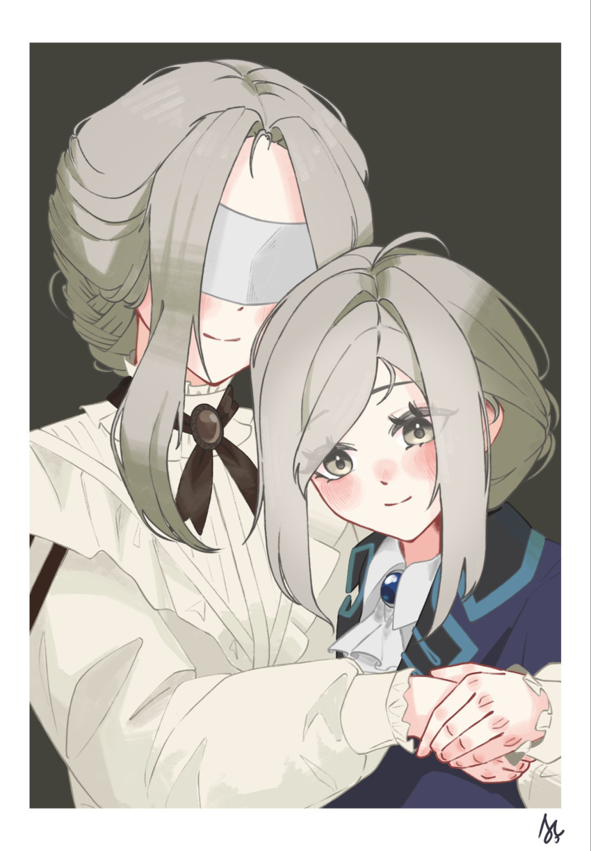 2girls, ascot, black_coat, blindfold, border, closed_mouth, coat, cross_tie, dores_(reverse:1999), facing_viewer, grey_background, grey_eyes, grey_hair, highres, holding_hands, hug, looking_at_viewer, multiple_girls, pyopyopyo08, reverse:1999, shirt, short_hair, smile, upper_body, urd_(reverse:1999), vertin_(reverse:1999), white_ascot, white_border, white_shirt