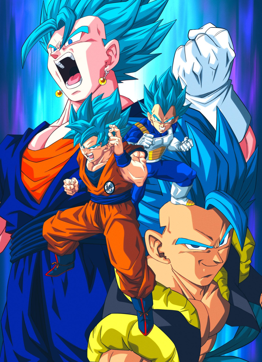 4boys, black_vest, blue_background, blue_boots, blue_eyes, blue_hair, blue_sash, blue_shirt