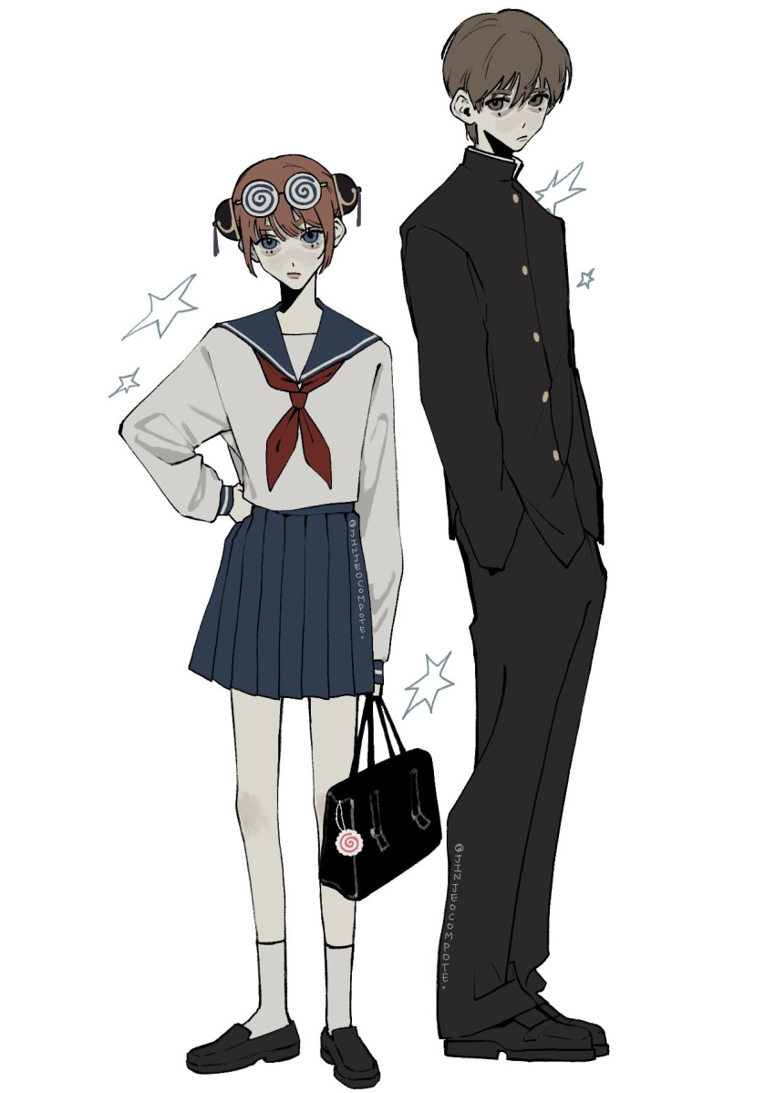 1boy, 1girl, :/, aegyo_sal, bag, bag_charm, black_bag, black_jacket