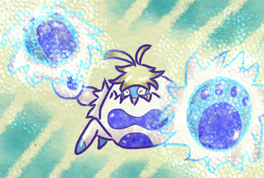 animal_focus, antenna_hair, closed_eyes, commentary_request, crabominable, diagonal-striped_background, full_body, kabiko_dayo, no_humans, pokemon, pokemon_(creature), solo, striped_background
