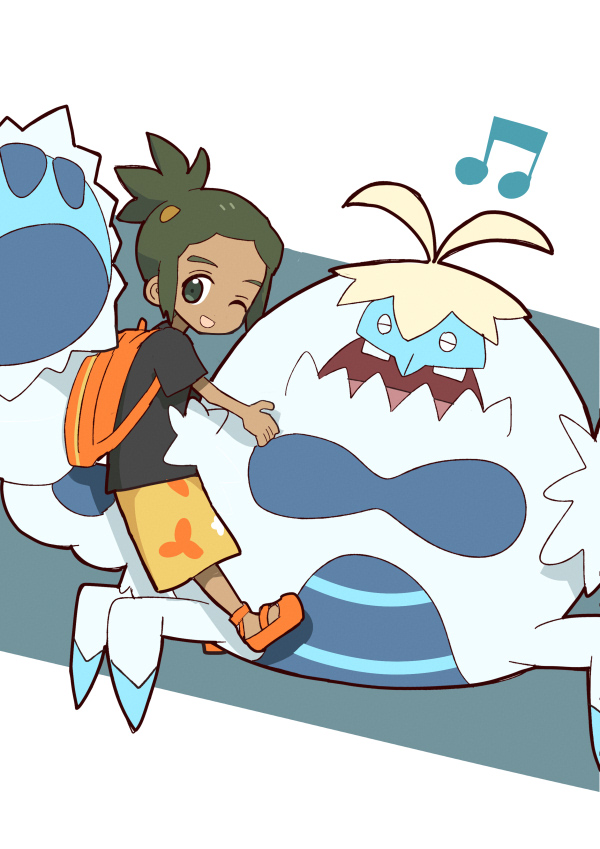 1boy, antenna_hair, backpack, bag, black_shirt, closed_eyes, commentary_request, crabominable, dark-skinned_male, dark_skin, green_eyes, green_hair, hair_ornament, hau_(pokemon), k_haru, male_focus, musical_note, one_eye_closed, open_mouth, orange_bag, orange_shoes, pokemon, pokemon_(creature), pokemon_sm, shirt, shoes, short_sleeves, shorts, simple_background, smile, teeth, yellow_shorts