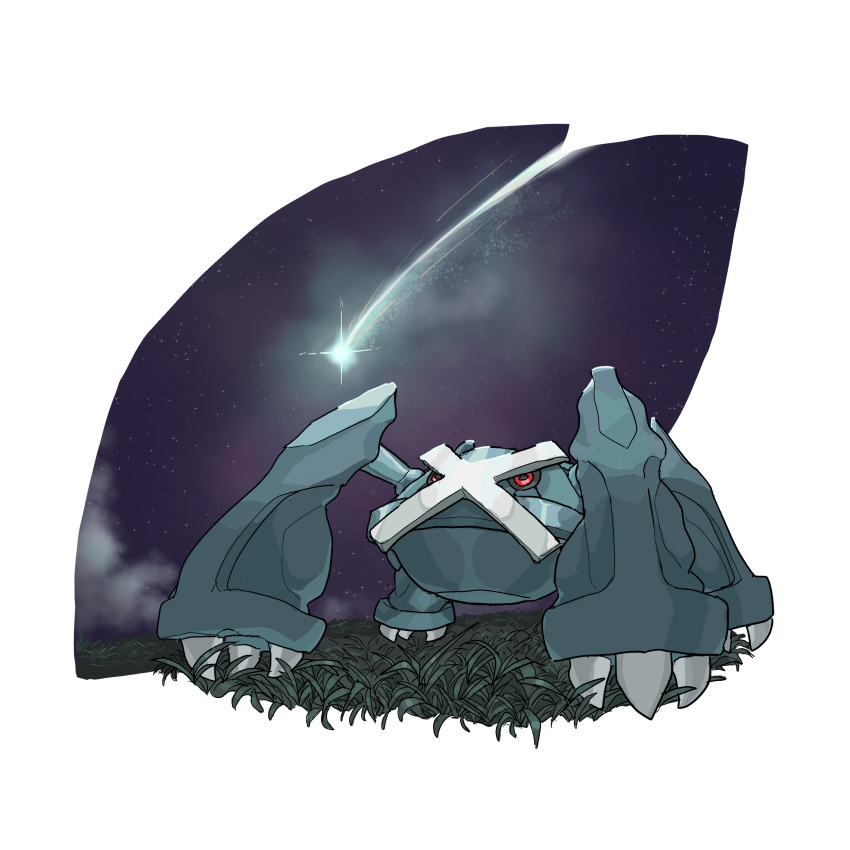 absurdres, black_sclera, clouds, colored_sclera, commentary_request, full_body, grass, highres