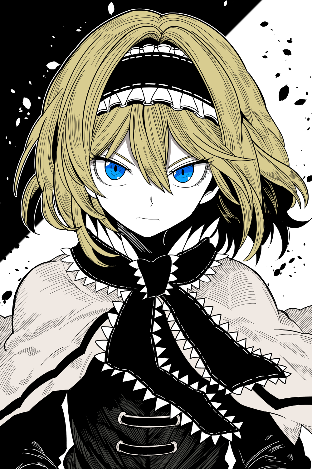 1girl, alice_margatroid, black_dress, black_hairband, black_neckerchief, blonde_hair, blue_eyes, bollzzalguy