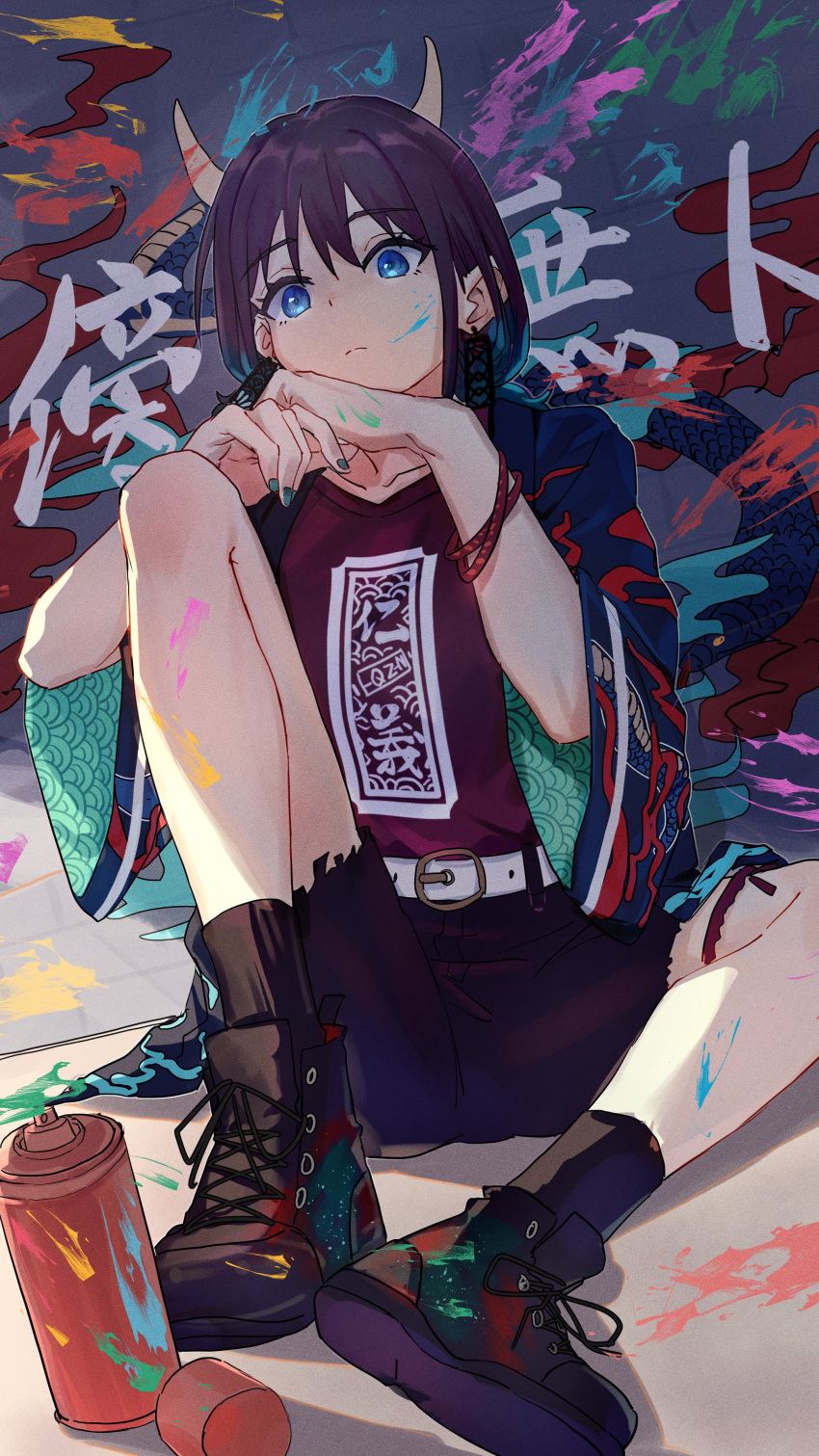 1girl, absurdres, belt, black_shoes, black_shorts, black_socks, blue_eyes, blue_happi, blue_nails, brown_hair, commentary, earrings, girls_band_cry, highres, iseri_nina, jewelry, joker_(jjjokerrr233), kuuhaku_to_catharsis, looking_at_viewer, magenta_t-shirt, monkey_ears, monkey_girl, nail_polish, paint_splatter, red_shirt, red_t-shirt, shirt, shoes, short_hair, shorts, sitting, socks, solo, white_belt, wristband