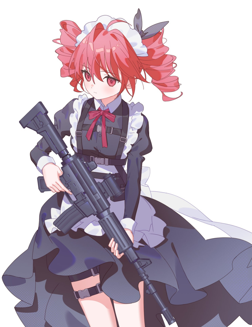 1girl, ahoge, apron, assault_rifle, black_dress, black_ribbon, collar, collared_shirt, commentary, dress, drill_hair, finger_on_trigger, frilled_dress, frills, gun, hair_between_eyes, head_tilt, highres, holding, holding_gun, holding_weapon, kasane_teto, kuromomo117, long_sleeves, looking_ahead, maid, maid_apron, maid_headdress, neck_ribbon, red_eyes, red_hair, red_ribbon, ribbon, rifle, shirt, simple_background, solo, torn_hair_ribbon, twin_drills, twintails, utau, waist_apron, weapon, white_background, white_collar