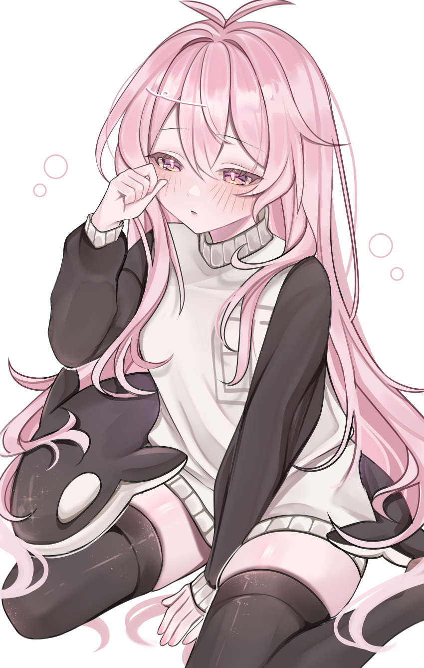 1girl, absurdres, antenna_hair, between_legs, black_thighhighs, commentary, double-parted_bangs, english_commentary