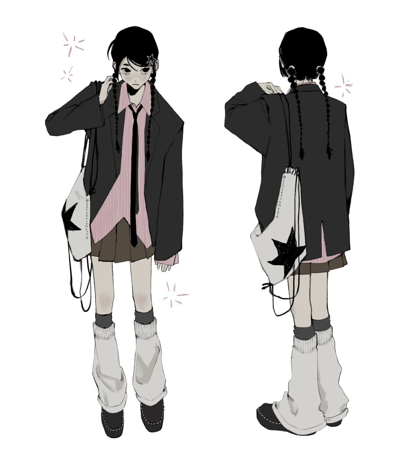 1girl, :3, aegyo_sal, back, bag, black_boots, black_eyes, black_hair