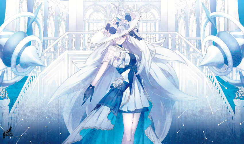1girl, absurdres, balcony, black_gloves, black_overskirt, black_ribbon, detached_horns, dress