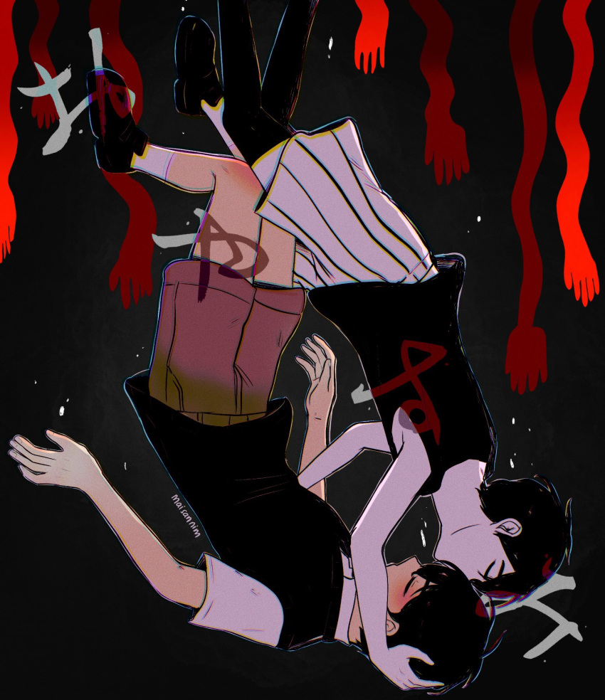 2boys, antenna_hair, artist_name, black_hair, black_shoes, black_sweater_vest, black_tank_top, black_thighhighs