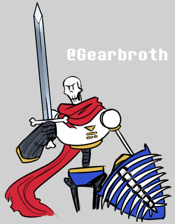 1boy, 2020, 2d, armor, artist_name, black_gloves, blue_shorts, bone, boots, cropped_legs, digital_media, gearbroth, gloves, grey_background, holding, holding_shield, holding_sword, holding_weapon, humanoid, male, male_focus, male_only, monster, monster_boy, papyrus_(undertale), red_boots, red_scarf, ribs, scarf, shield, shorts, simple_background, skeleton, solo, sword, teeth, undead, undertale, utdr_(toby_fox), weapon, white_armor