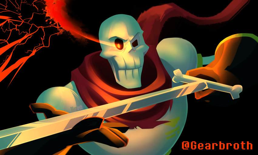 1boy, 2021, 2d, armor, artist_name, badass, black_background, dark, dark_background, digital_media, flaming_eye, gearbroth, gloves, glowing, glowing_eye, highres, holding, holding_sword, holding_weapon, humanoid, male, male_focus, male_only, monster, monster_boy, orange_eyes, papyrus_(undertale), red_gloves, red_scarf, scarf, simple_background, skeleton, solo, sword, teeth, undead, undertale, upper_body, utdr_(toby_fox), weapon, white_armor