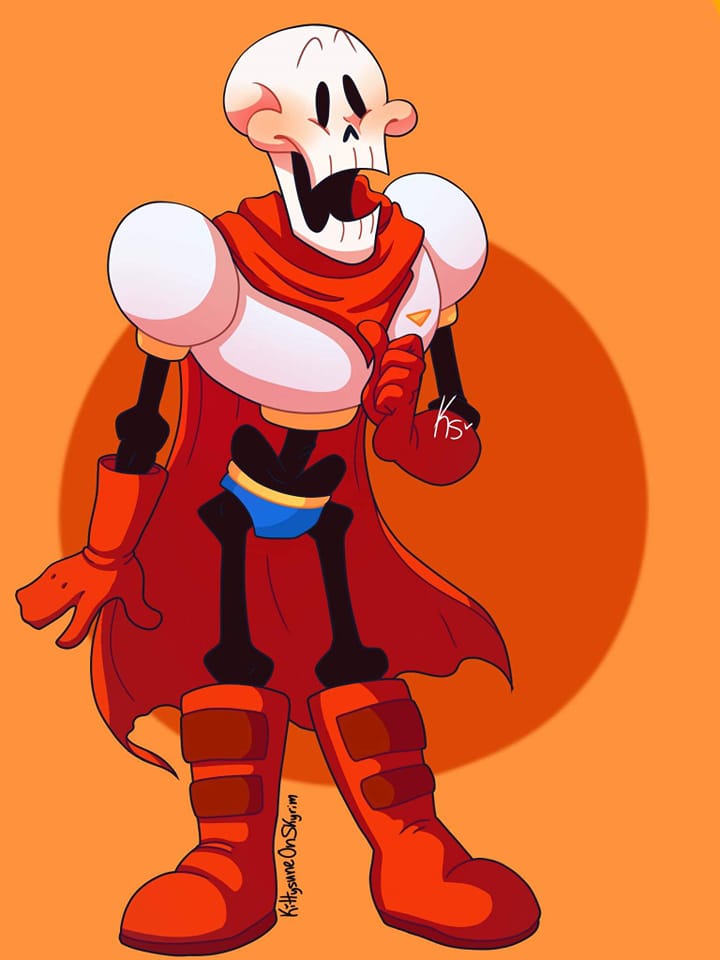 1boy, 2022, 2d, armor, artist_name, blue_shorts, boots, border, cape, full_body, gloves, humanoid, kittysuneonskyrim, male, male_focus, male_only, monster, monster_boy, open_mouth, orange_background, outside_border, papyrus_(undertale), red_background, red_boots, red_cape, red_gloves, round_border, shorts, signature, simple_background, skeleton, solo, standing, teeth, traditional_media, two-tone_background, undead, undertale, utdr_(toby_fox), white_armor