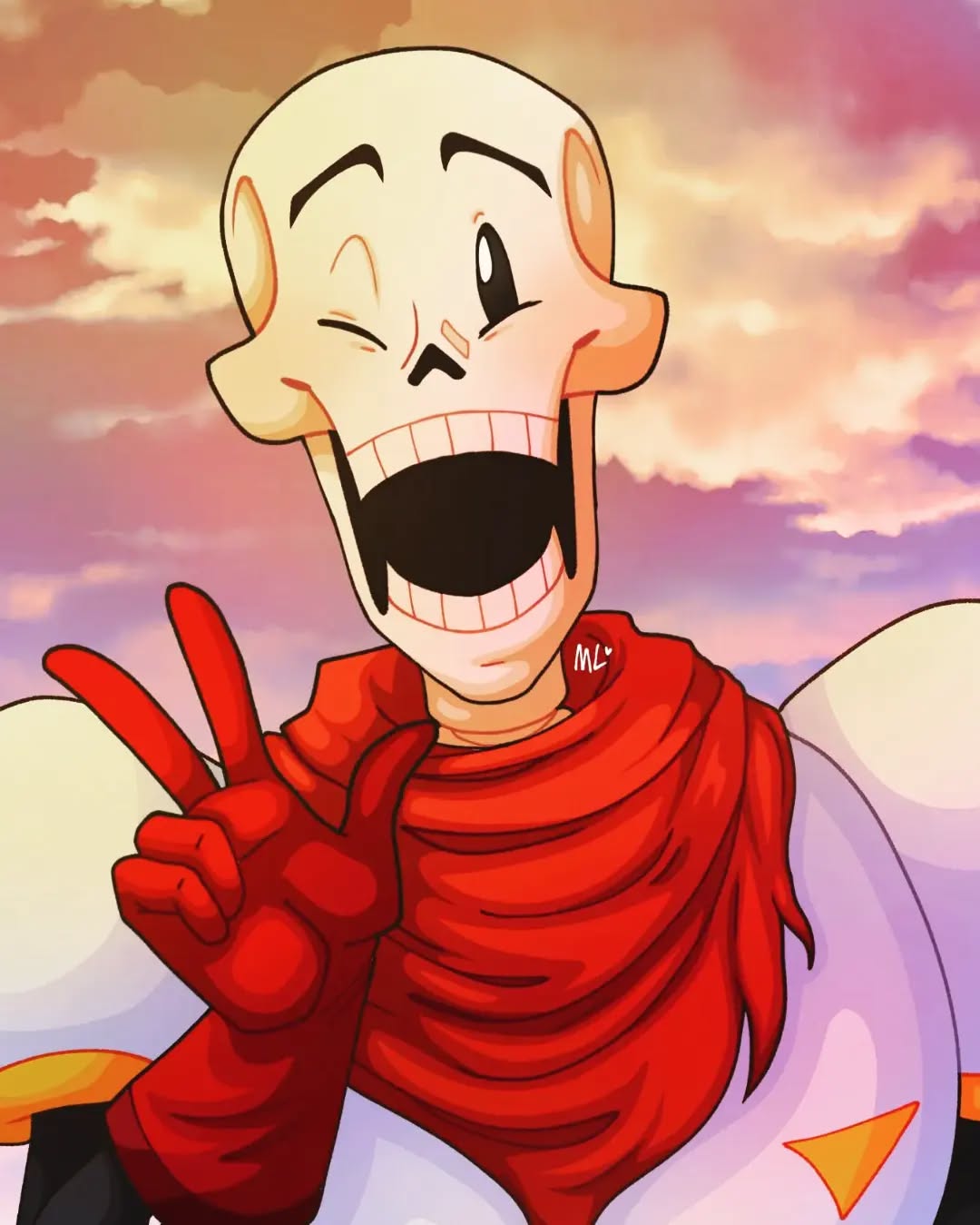 1boy, 2022, 2d, armor, cape, cropped, dawn, digital_media, gloves, head_tilt, humanoid, kittysuneonskyrim, male, male_focus, male_only, monster, monster_boy, one_eye_closed, open_mouth, outdoors, papyrus_(undertale), portrait, red_cape, red_gloves, signature, skeleton, sky, smile, solo, teeth, undead, undertale, utdr_(toby_fox), w, white_armor