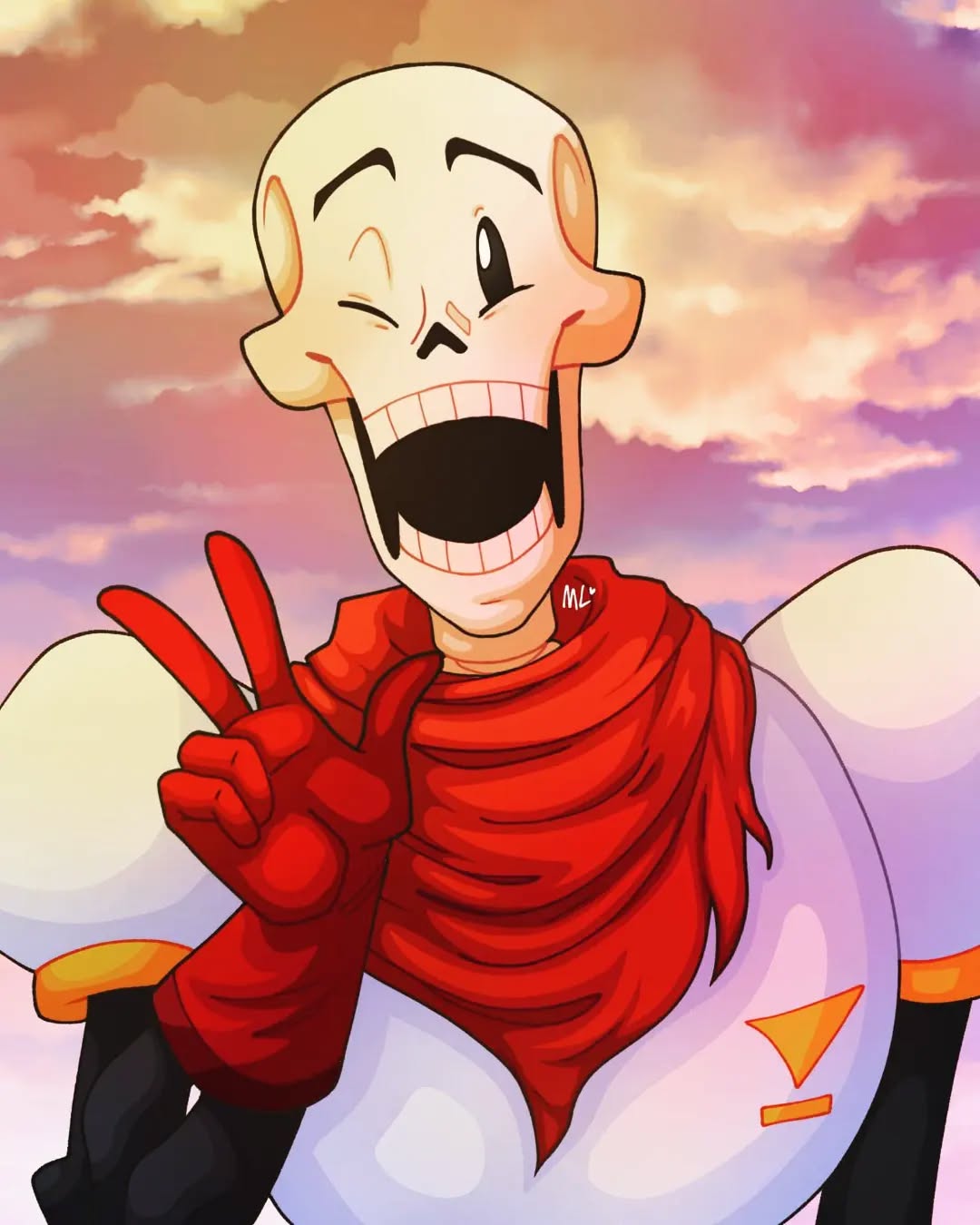 1boy, 2022, 2d, armor, cape, dawn, digital_media, gloves, head_tilt, humanoid, kittysuneonskyrim, male, male_focus, male_only, monster, monster_boy, one_eye_closed, open_mouth, outdoors, papyrus_(undertale), portrait, red_cape, red_gloves, signature, skeleton, sky, smile, solo, teeth, undead, undertale, utdr_(toby_fox), w, white_armor