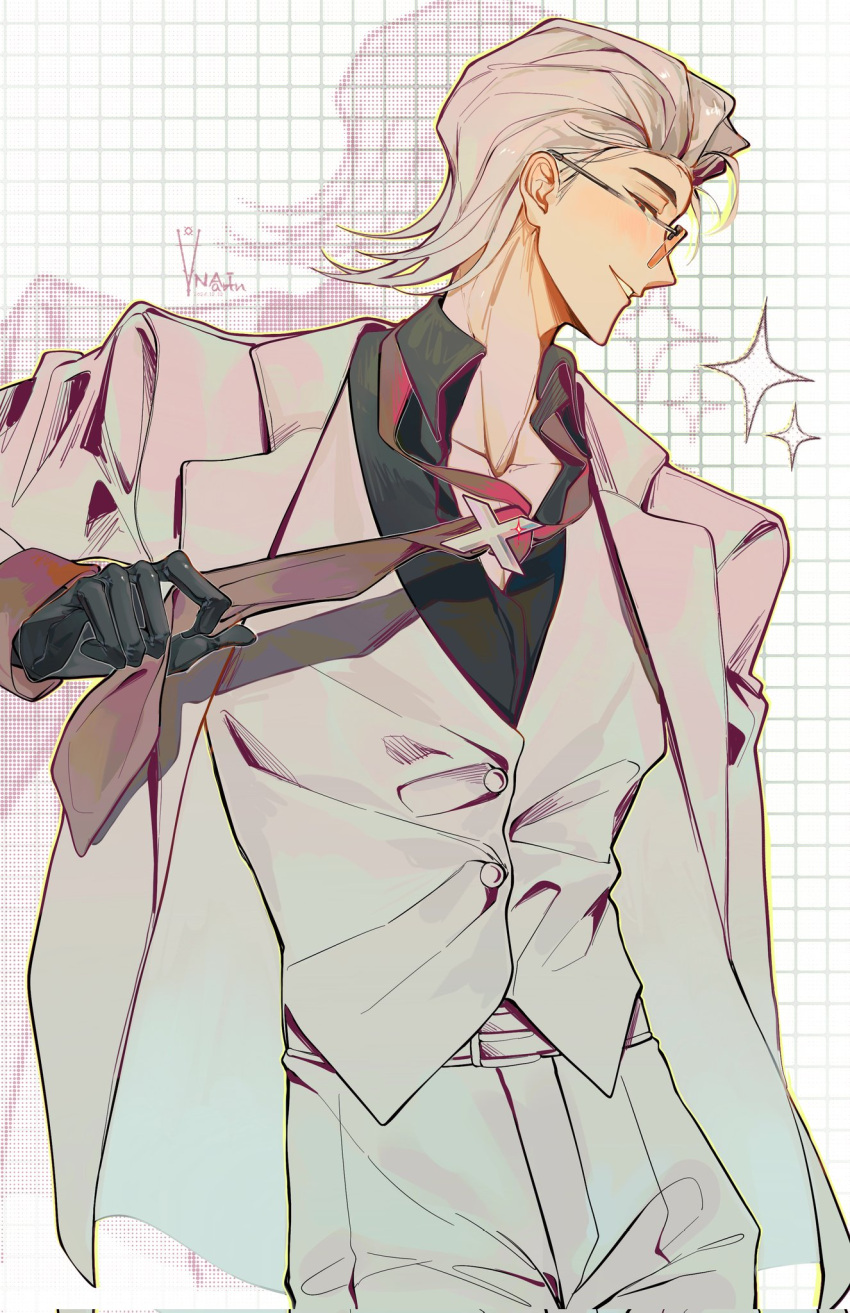 1boy, adjusting_clothes, adjusting_necktie, arm_at_side, artist_name, belt, belt_buckle, black_eyes