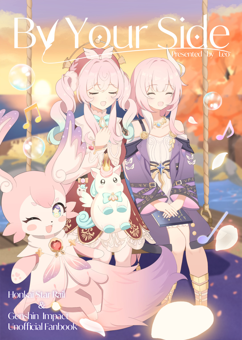 2girls, ;o, absurdres, air_bubble, animal_on_lap, aqua_hair, bare_shoulders, bubble