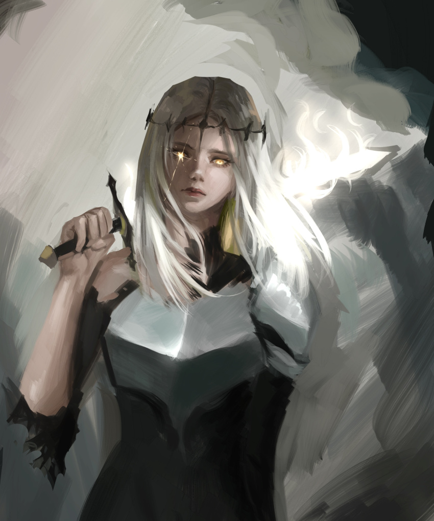 1girl, absurdres, armor, breastplate, clenched_hand, contrapposto, expressionless, floating_hair