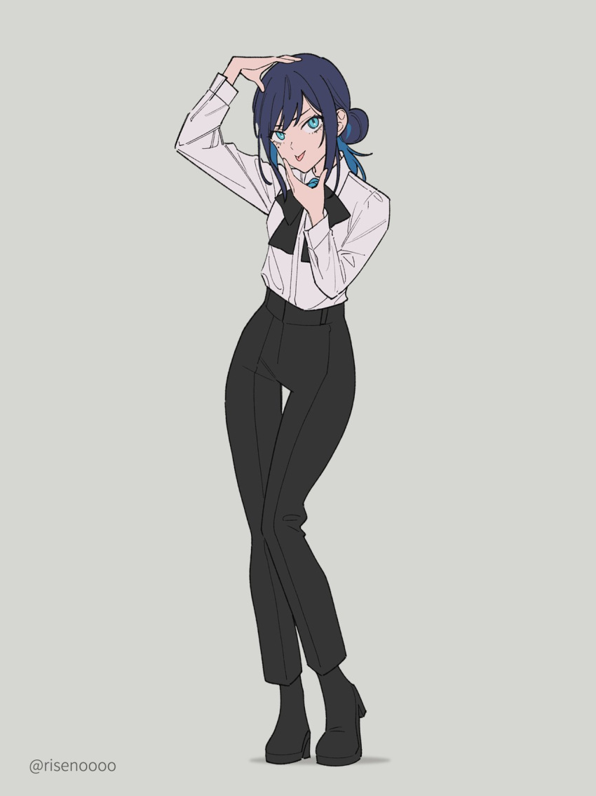 1girl, ado_(utaite), arm_up, black_bow, black_bowtie, black_pants, black_shoes, blue_eyes, blue_hair, bow, bowtie, chando_(ado), colored_inner_hair, commentary_request, dress_shirt, grey_background, hand_up, highres, iris_out_(song), long_sleeves, multicolored_hair, pants, riseno, shirt, shoes, simple_background, solo, tongue, tongue_out, white_shirt