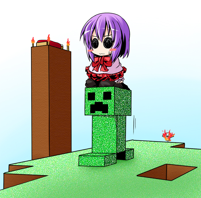 bow, chibi, creeper, crossover, fire, ichimi, minecraft, nagae_iku
