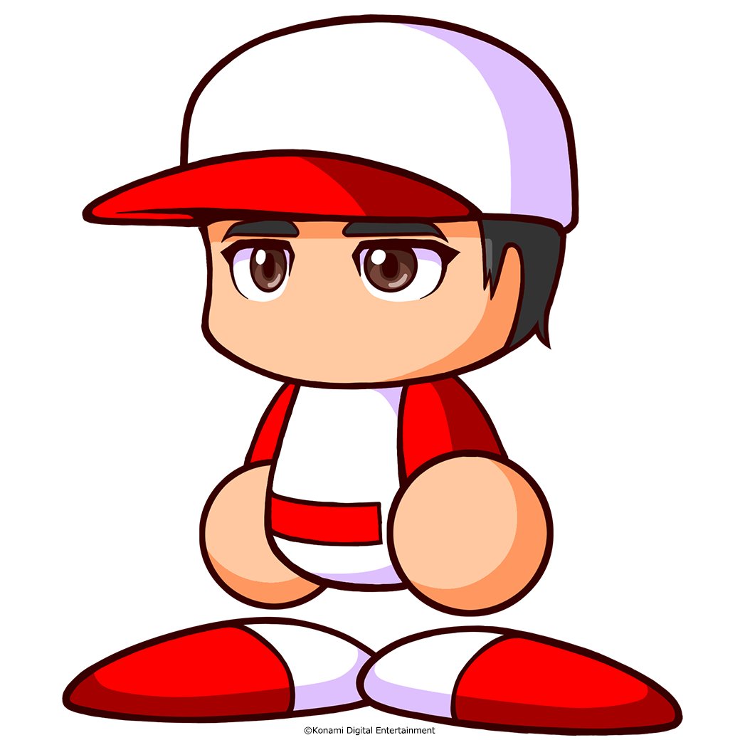 1boy, artist_request, baseball_cap, baseball_uniform, black_hair, brown_eyes, copyright_notice, hat, jikkyou_powerful_pro_yakyuu, jikkyou_powerful_pro_yakyuu_(style), multicolored_hat, multicolored_shirt, multicolored_shoes, no_mouth, official_art, ohtani_shohei, power_pro_appli, rayman_limbs, red_hat, red_shirt, red_shoes, shirt, shoes, solo, sportswear, two-tone_hat, two-tone_shirt, two-tone_shoes, white_background, white_hat, white_shirt, white_shoes
