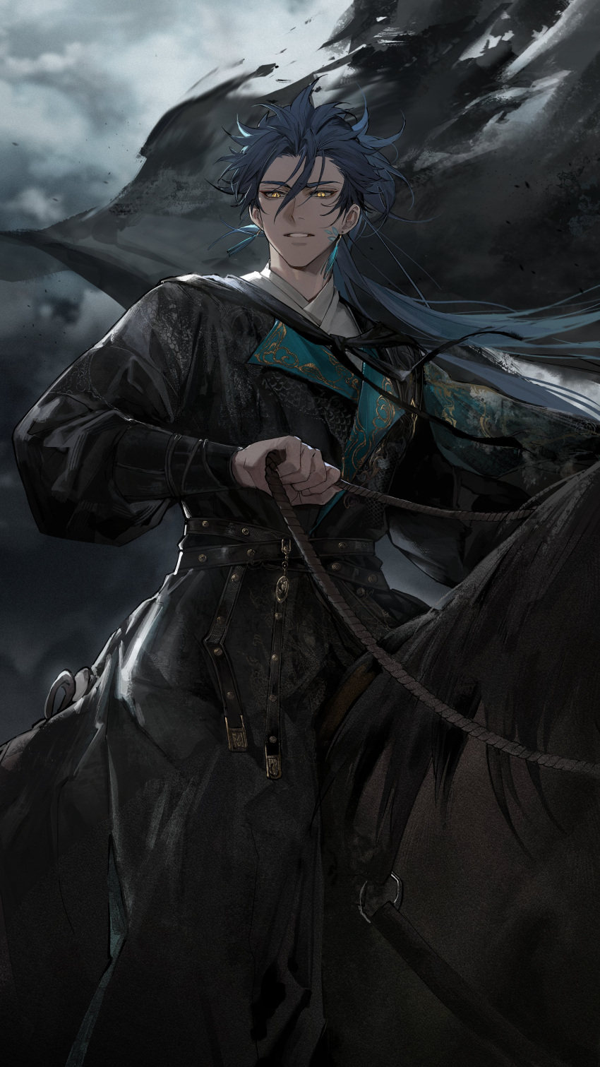 1boy, absurdres, black_robe, check_clothing, chinese_clothes, clothing_request, clouds, cloudy_sky